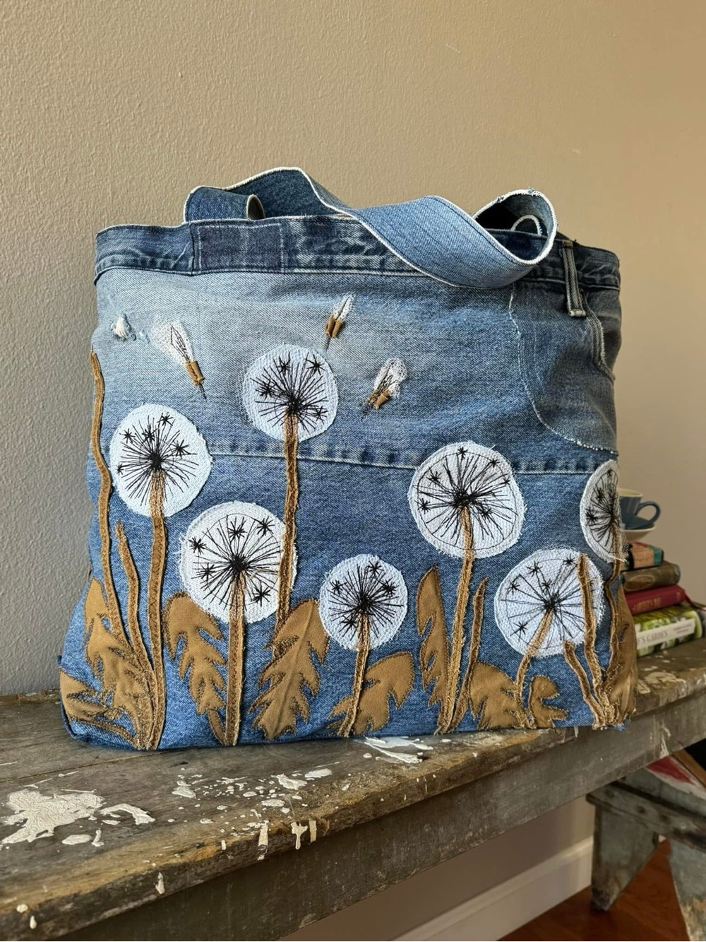 Handcrafted Denim “Dandelion” Tote Bag with Embroidered Floral Design